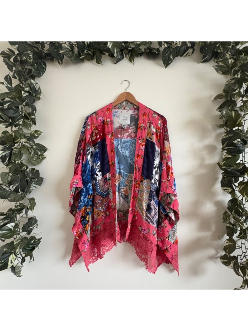 John Mark Long Sleeve Open Kimono Floral Patchwork Lace Trim Women’s Sz L